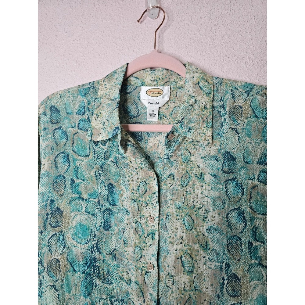 Talbots Pure Silk Snakeskin Print Blouse Teal Green Animal Print Button Down 12 - Picture 2 of 7